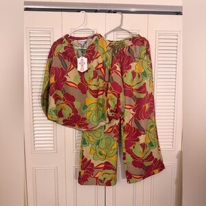 Women Multicolor 2 Pcs Co-ord Floral Set Long Sleeves & Wide Leg Pant Size Small